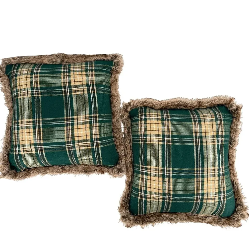 Martha Stewart 20x20 Green Plaid Flannel Faux Fur Decorative Throw Pillows Pair